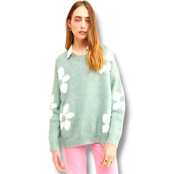 Little Lies Sweaters - Little Lies M/L Mint Green with White Floral Crewneck Sweater Soft Intarsia Knit